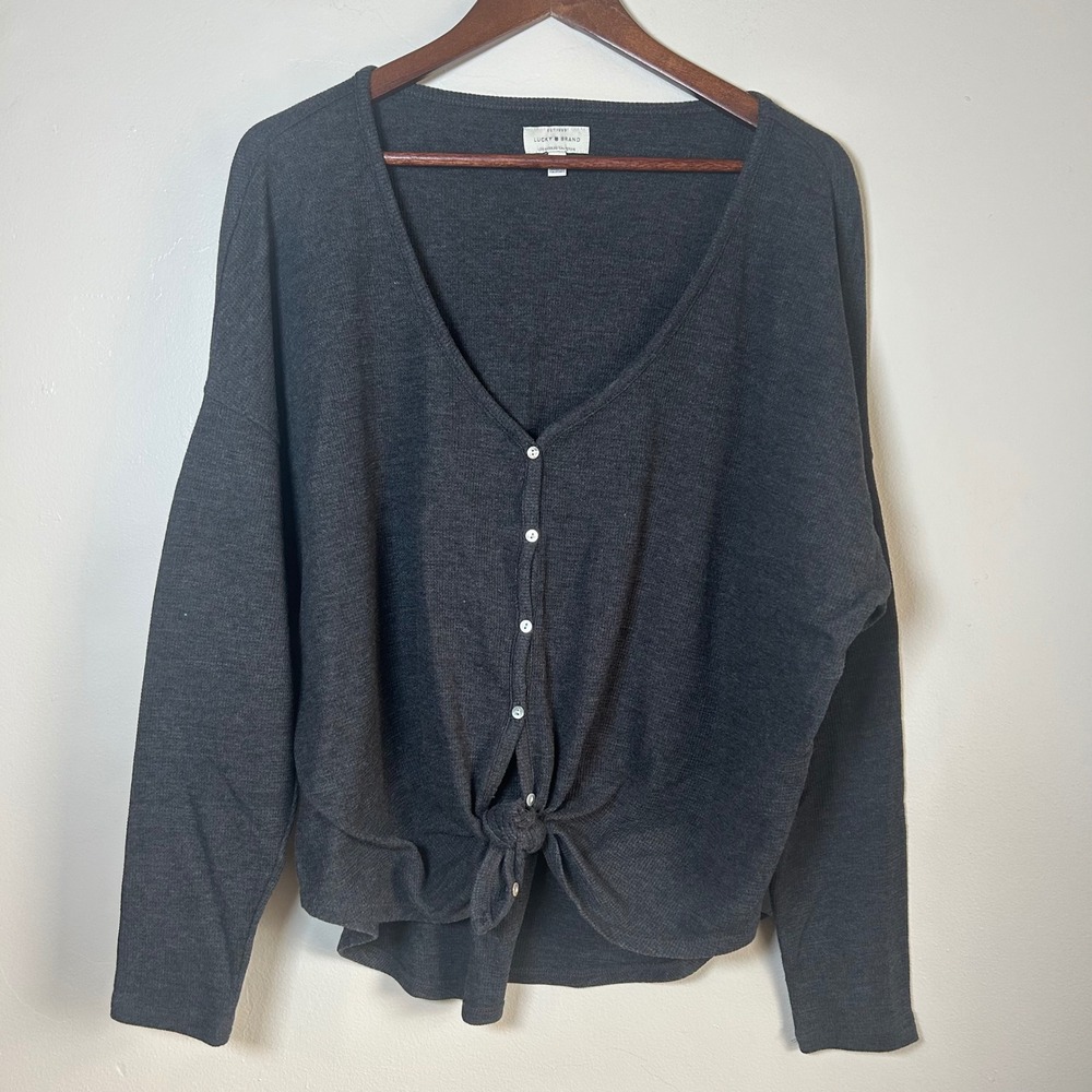 Lucky Brand Cardigan Top Womens Large Charcoal‎ Grey Tie Front Button Thermal